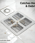 80Pcs 4x4 Disposable Hair Drain Stickers Anti Blocking, self-adhesive mesh on wet floor catching hair and debris.