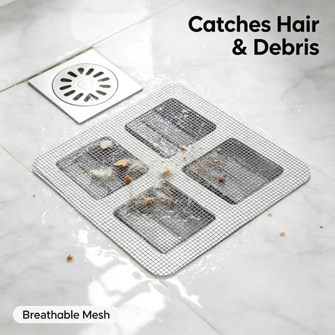 80Pcs 4x4 Disposable Hair Drain Stickers Anti Blocking, self-adhesive mesh on wet floor catching hair and debris.