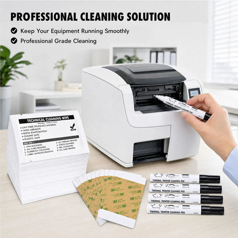 Upgrade ID Card Printer Game With This Complete Maintenance Kit featuring thermal printer cleaning pens and technical wipes.