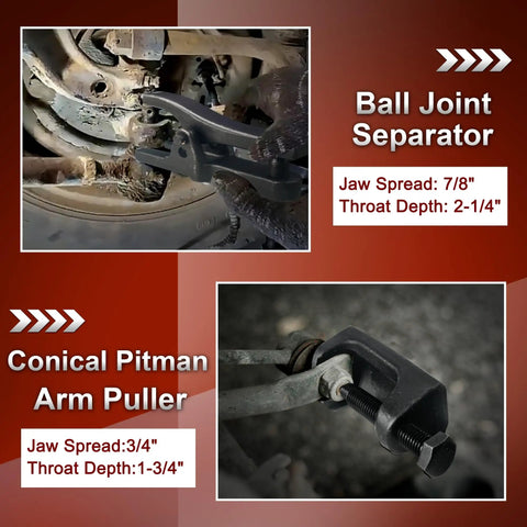 5 Piece Pitman Arm Puller Ball Joint Separator And Tie Rod End Tool Front End Service Kit Splitter Removal Kit For Cars And Light Trucks Includes Pitman Arm Puller Ball Joint Separator And Tie Rod End Tools For Easy Suspension Maintenance, ball joint separator, 7/8" jaw spread