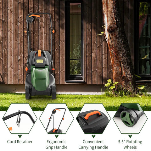 Electric Walk Behind Lawn Mower With 10 Amp Motor And 13 Inch Cutting Deck Grass Collection Bag 3 Adjustable Cutting Heights Corded Mower For Small To Medium Lawns Easy Start Go To Tool For Fast Garden Care in front of a yard