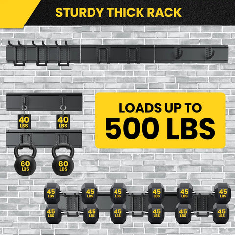 Rock Solid 48 Inch Wall Mount Tool Storage Rack Featuring Adjustable Rails And Beefy Double Layer Hooks For Heavy Duty Garage Organization No Sweat Setup And Broom Holder