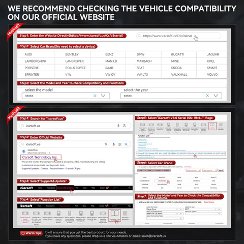 Instruction guide on checking vehicle compatibility for LR V3.0 2026 Bi-Directional OBD2 Scanner For Most Land Rover And Jaguar 1996-2023