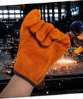 Rock Solid Full Leather Welding Gloves For Men And Women Electric Safety Gear With Daily Heavy Duty Grip Thick Palm Padding shown in orange
