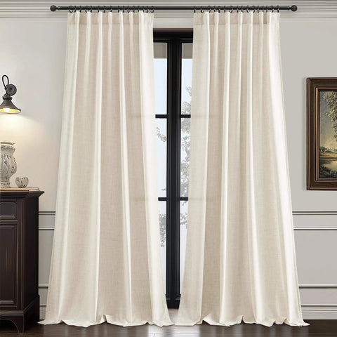 Cream Linen Look Curtains For Living Room 86 Inch Long 2 Panels 52Wx86L Semi Sheer Light Filtering Privacy Track System With Back Tabs And Tiebacks Beige White Pleated Drapes installed on window