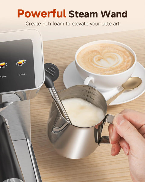 Espresso Machine With Built In Grinder And Milk Frother, 190-201F Temp Control, showing steam wand and cup of latte art.