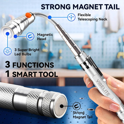 Extendable Magnetic Flashlight With Telescoping Magnet Pickup Tool held in hand, flexible neck, magnetic head visible.