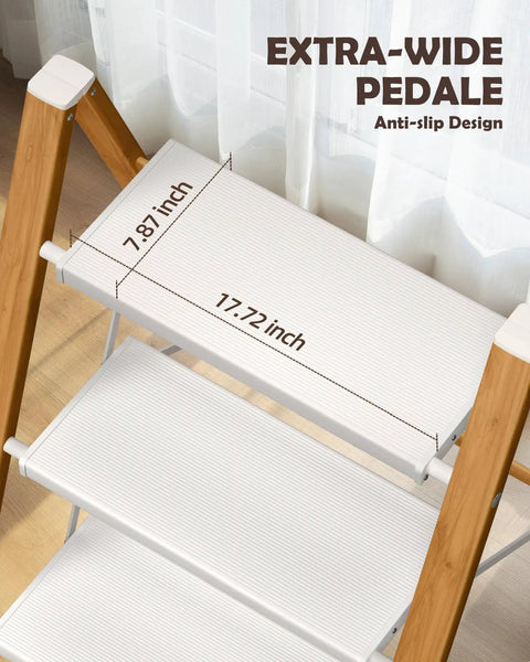 Three Step Stool With Anti Slip Large Pedals White Woodgrain Finish Lightweight Foldable For Home Garage Or Workshop Easy To Fold And Carry Portable Step Ladder, 7.87-inch wide pedal