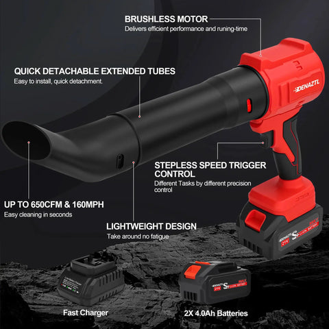 Cordless Leaf Blower With 2x 4.0Ah Batteries And Charger, 650 CFM 160 MPH Turbo Power, features and accessories displayed