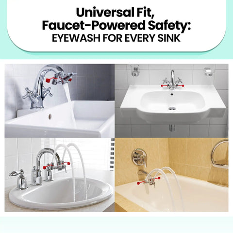 Industrial Faucet Mount Eyewash Station With Universal Sink Adapters And Continuous Flow Emergency Eye Flusher For Workplace Safety Compliance Heavy Duty Rock Solid Top Tier 2 Pack installed on various sink types.