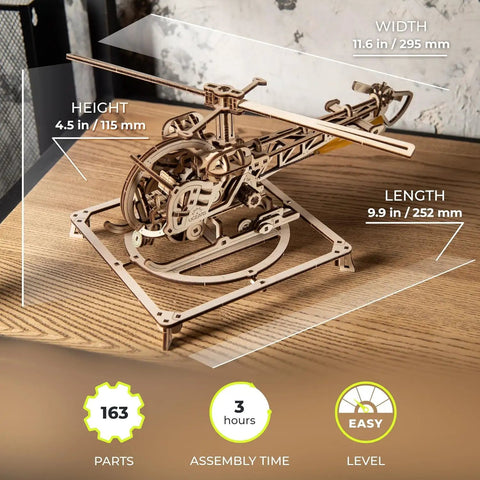 Mini Helicopter 3D Puzzle Kit For Hobbyists And Aviation Fans With Realistic Rotors And Cockpit, Adjustable Searchlight, Retractable Wheels, Landing Skids And Helipad, DIY Hands On Mechanical Aviation Toy, wooden model with dimensions
