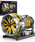 Dope Working Aircraft Engine Model Kit With Motorized Turbofan For Display, 2256 Pieces DIY STEM Project For Teens And Adults, Realistic Rotating Fan Blades And Compressor Stages, Battery Box Included. LEGO-style aircraft engine model with motor, black and yellow display stand