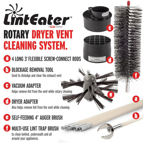 Rotary Dryer Vent Cleaning Kit With Long Reach Up To 12 Feet Includes 4 Flexible 3 Foot Rods And Air Duct Cleaning Tools displayed.