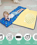 Toddler using Extra Large Dinosaur Nap Mat With Pillow And Blanket, showcasing minky dot interior, size 53 x 21 x 2 in