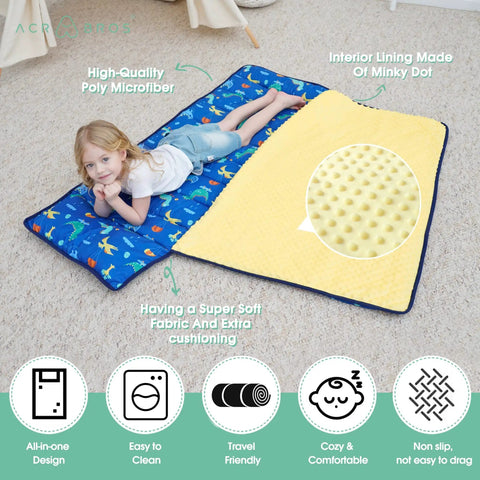 Toddler using Extra Large Dinosaur Nap Mat With Pillow And Blanket, showcasing minky dot interior, size 53 x 21 x 2 in