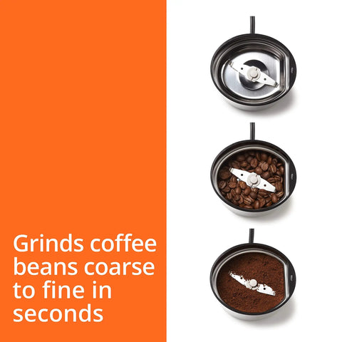Krups Electric Coffee Grinder With 3 Oz Capacity And 200 Watt Motor grinds coffee beans easily with stainless steel blades.