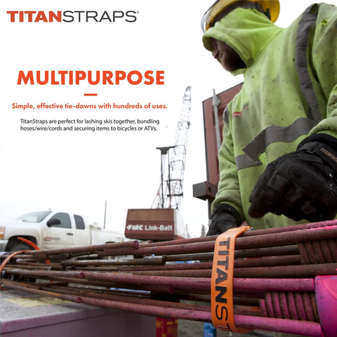 Worker using TitanStraps to secure equipment on construction site, showcasing durability and versatility in harsh conditions.