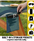 Waterproof Picnic Table Cover With Bench Covers, 96 Inch Elastic Fitted, storage pockets holding sunglasses and phone