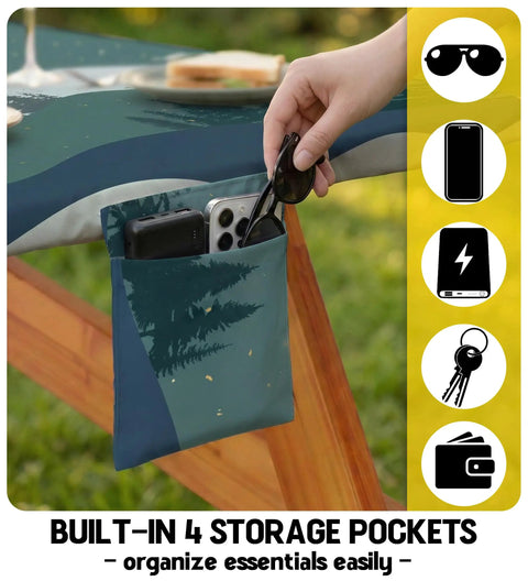 Waterproof Picnic Table Cover With Bench Covers, 96 Inch Elastic Fitted, storage pockets holding sunglasses and phone