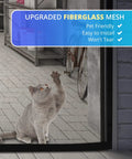 Cat touching Magnetic Garage Screen For 1 Car 8x7 Ft with fiberglass mesh and features shown on blue overlay.