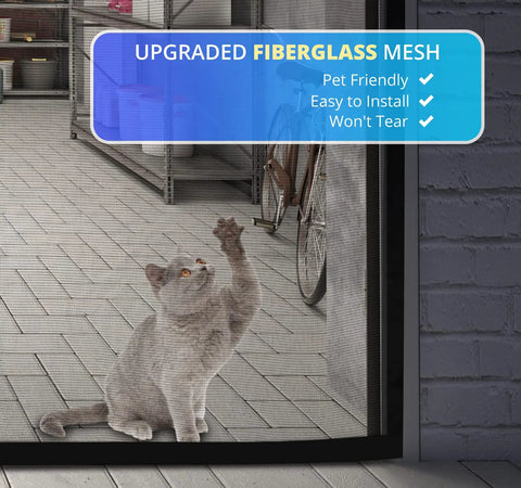 Cat touching Magnetic Garage Screen For 1 Car 8x7 Ft with fiberglass mesh and features shown on blue overlay.