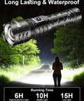 Rechargeable Beast Mode Flashlight With Ultra Bright 100000 Lumens, long-range beam illuminating a rainy road at night
