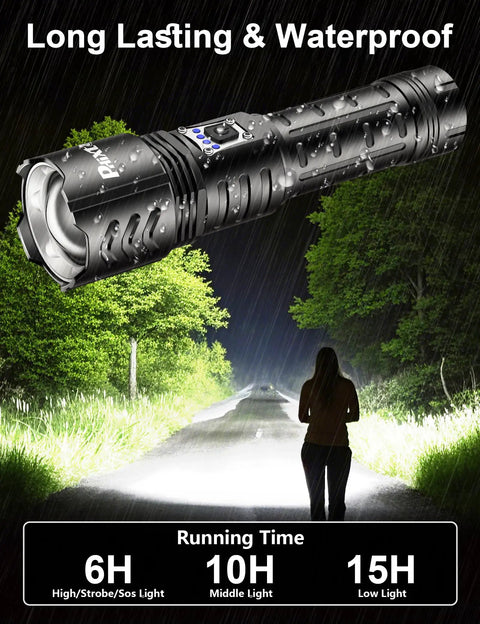 Rechargeable Beast Mode Flashlight With Ultra Bright 100000 Lumens, long-range beam illuminating a rainy road at night