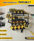 Wall Mount Tool Organizer Rack With Four Cordless Drill Holders Three Layer Garage Storage Shelf Heavy Duty Iron Matte Black Keeps Your Shop Clean And Ready 150 Lb Load Capacity installed view