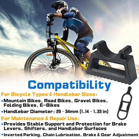 Cyclist with Three Pack Bike Handlebar Stand, quick release bracket, silicone straps, suitable for MTB, road, and e-bikes.
