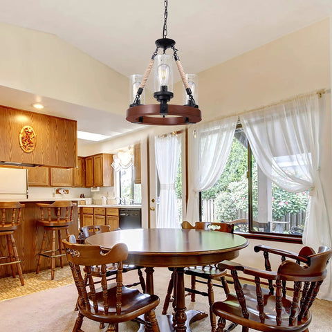 Farmhouse Wagon Wheel Ceiling Chandelier With Wood Frame And Seeded Glass Shades in rustic dining room