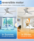 52 Inch Brushed Nickel Ceiling Fan With Integrated Light And Remote showing summer and winter air circulation options.