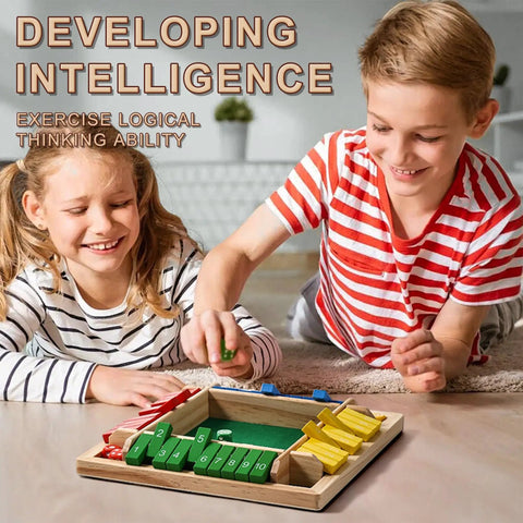 Children playing Shut The Box Dice Game Wooden Board Game for 2 to 4 Players, educational tabletop version with numbered pieces.