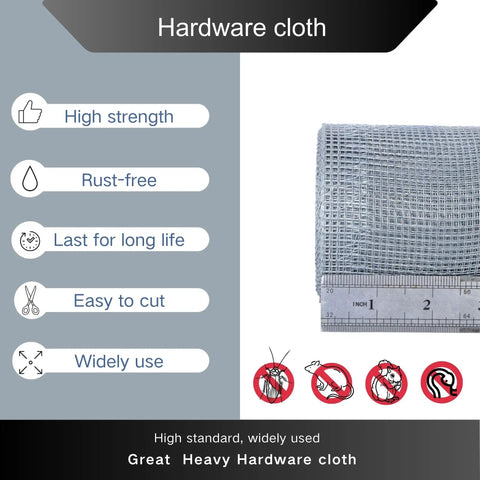 One Eighth Inch Galvanized Hardware Cloth Wire Mesh Screen Roll with ruler, showing durability features and pest symbols.