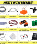 Backyard Zipline Kit For Kids And Adults With 100 Foot Cable 6 Foot Spring Brake Trolley With Handle Seat Bag And Safety Gear package contents