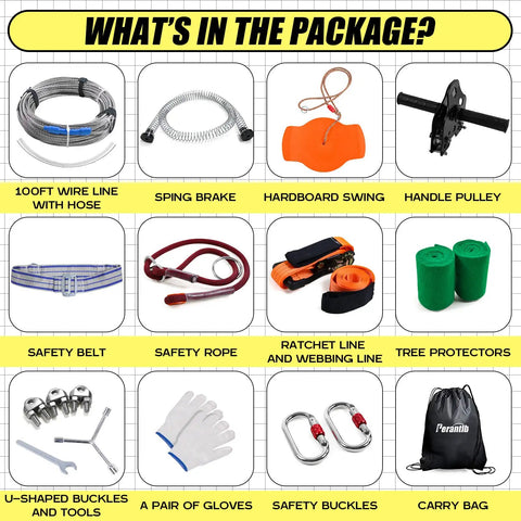 Backyard Zipline Kit For Kids And Adults With 100 Foot Cable 6 Foot Spring Brake Trolley With Handle Seat Bag And Safety Gear package contents