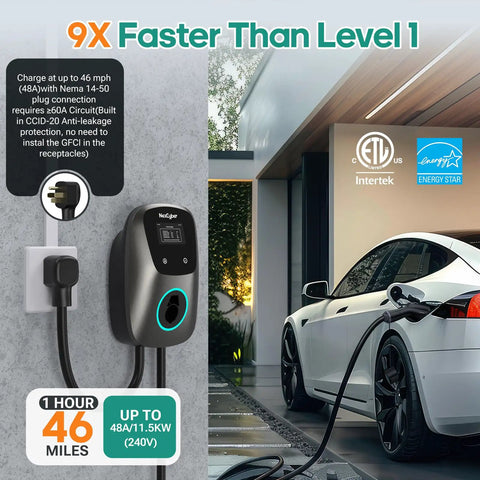 Image of Level 2 EV Charger With WiFi App And Plug In And Go 48 Amp Hardwired Or 38 MPH On NEMA 14 50 Plug connected to car.