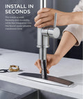 Sleek Pull Down Kitchen Faucet With Single Handle Brushed Nickel Finish Solid 304 Stainless Steel Lead Free Ceramic Cartridge For Easy Daily Rinse And Trouble Free Sink Upkeep, installation process close-up.