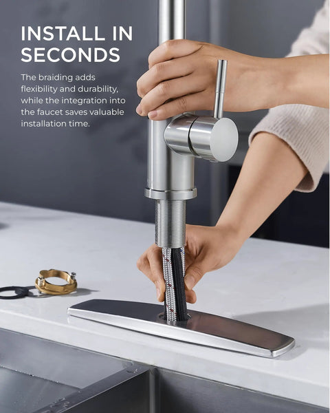 Sleek Pull Down Kitchen Faucet With Single Handle Brushed Nickel Finish Solid 304 Stainless Steel Lead Free Ceramic Cartridge For Easy Daily Rinse And Trouble Free Sink Upkeep, installation process close-up.