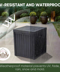 Rugged Outdoor Deck Box 51 Gallon Storage Chest For Patio And Porch, weatherproof grey plastic resin bin with lid on patio