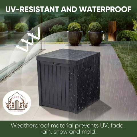 Rugged Outdoor Deck Box 51 Gallon Storage Chest For Patio And Porch, weatherproof grey plastic resin bin with lid on patio