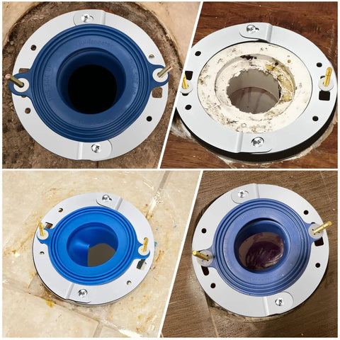 Heavy Duty Stainless Steel Toilet Flange Repair Kit With Extended Closet Bolts For PVC Cast Iron ABS shown from different angles on various surfaces.
