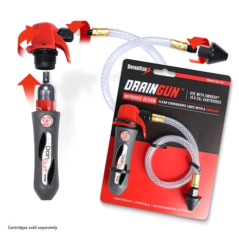 Lightweight AC Drain Gun With Flexible Hose For Condensate Lines, Clears HVAC Clogs Fast, Portable 3 Oz Air Powered Cleaner, No Cartridges Included, Requires CO2 Cartridges, Charcoal Grey, packaging and components displayed