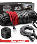 Heavy Duty Synthetic Winch Rope One Quarter Inch By 50 Foot With 10000 Lbs Break Strength For Off Road 4x4 ATV UTV Winch Cable Includes Forged Hook And Rubber Stopper, displayed with accessories.
