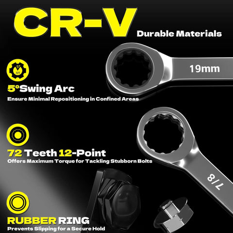 Close-up of 19mm and 7/8 inch ratcheting wrenches with features detailed for DIY mechanics, part of Serpentine Belt Tool Kit With Ratcheting Wrench, Sockets, Crowfoot Wrenches And Adapters, Universal Belt Tensioner Removal And Installation Set For Most Vehicles, DIY Friendly, Pro Grade, All In One Belt Service Kit.