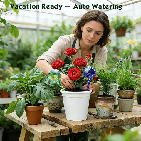 Woman using Six Pack Colorful Glass Plant Watering Globes For Indoor Pots And Outdoor Hanging Plants Self Watering Bulbs For Vacation Plant Care
