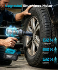 Heavy Duty Cordless Impact Wrench Delivering 738 Foot Pounds Of Knockout Brute Force Half Inch Driver Brushless Rig in use on a tire.