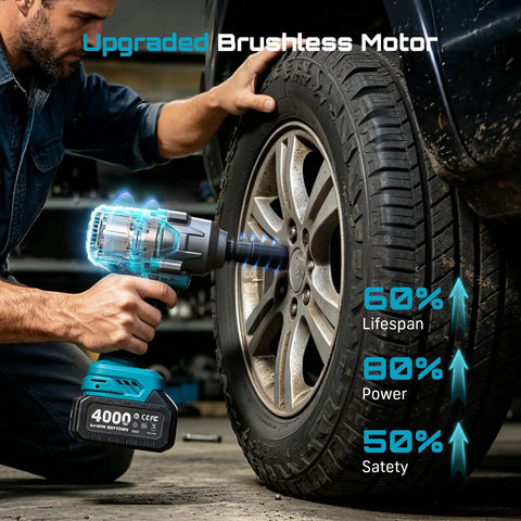 Heavy Duty Cordless Impact Wrench Delivering 738 Foot Pounds Of Knockout Brute Force Half Inch Driver Brushless Rig in use on a tire.
