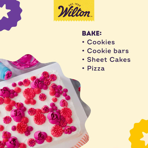 Extra Large 11 X 15 Inch Aluminum Baking Sheet Pan With 2 Inch Deep Sides and decorated cake with pink frosting flowers on white surface