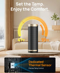 Space Heater With 1500W Power, Thermostat, 70 Degree Oscillation, Five Modes, Remote, 12 Hour Timer, shown on table