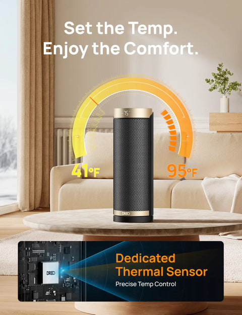 Space Heater With 1500W Power, Thermostat, 70 Degree Oscillation, Five Modes, Remote, 12 Hour Timer, shown on table